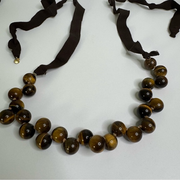 J. Crew Brown Tiger’s Eye Stone Ribbon Closure Necklace 51” - Picture 4 of 9